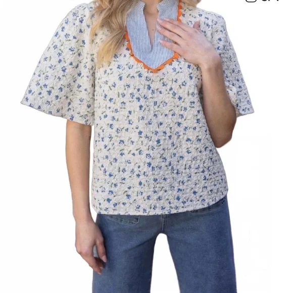 Voy floral Print Women's Top with Orange trim large - Picture 2 of 4